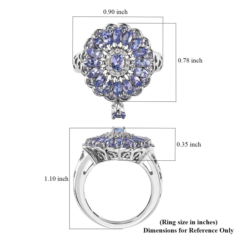 Tanzanite and White Zircon Floral Ring in Platinum Over Sterling Silver (Size 10.0) 2.10 ctw