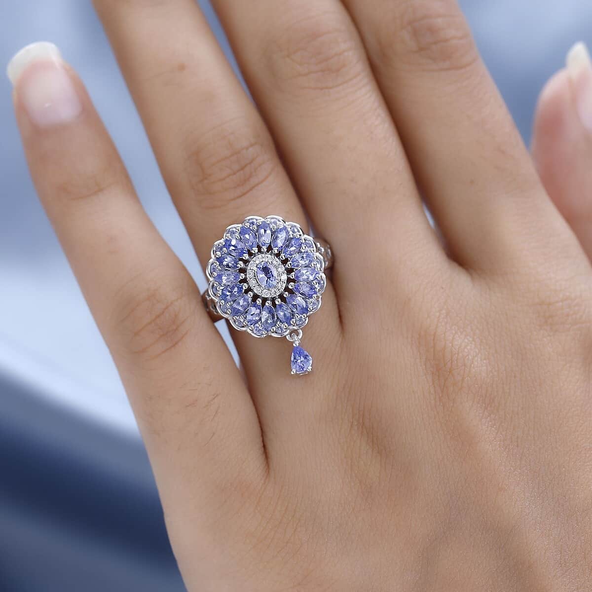 Tanzanite and White Zircon Floral Ring in Platinum Over Sterling Silver (Size 7.0) 2.10 ctw image number 2