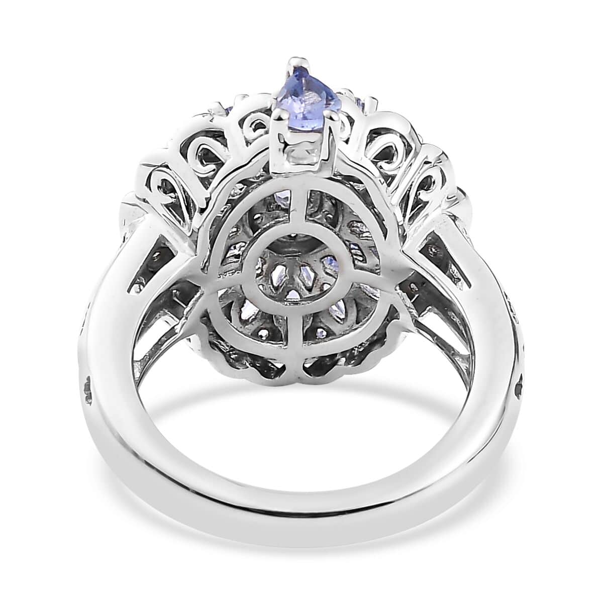 Tanzanite and White Zircon Floral Ring in Platinum Over Sterling Silver (Size 7.0) 2.10 ctw image number 4
