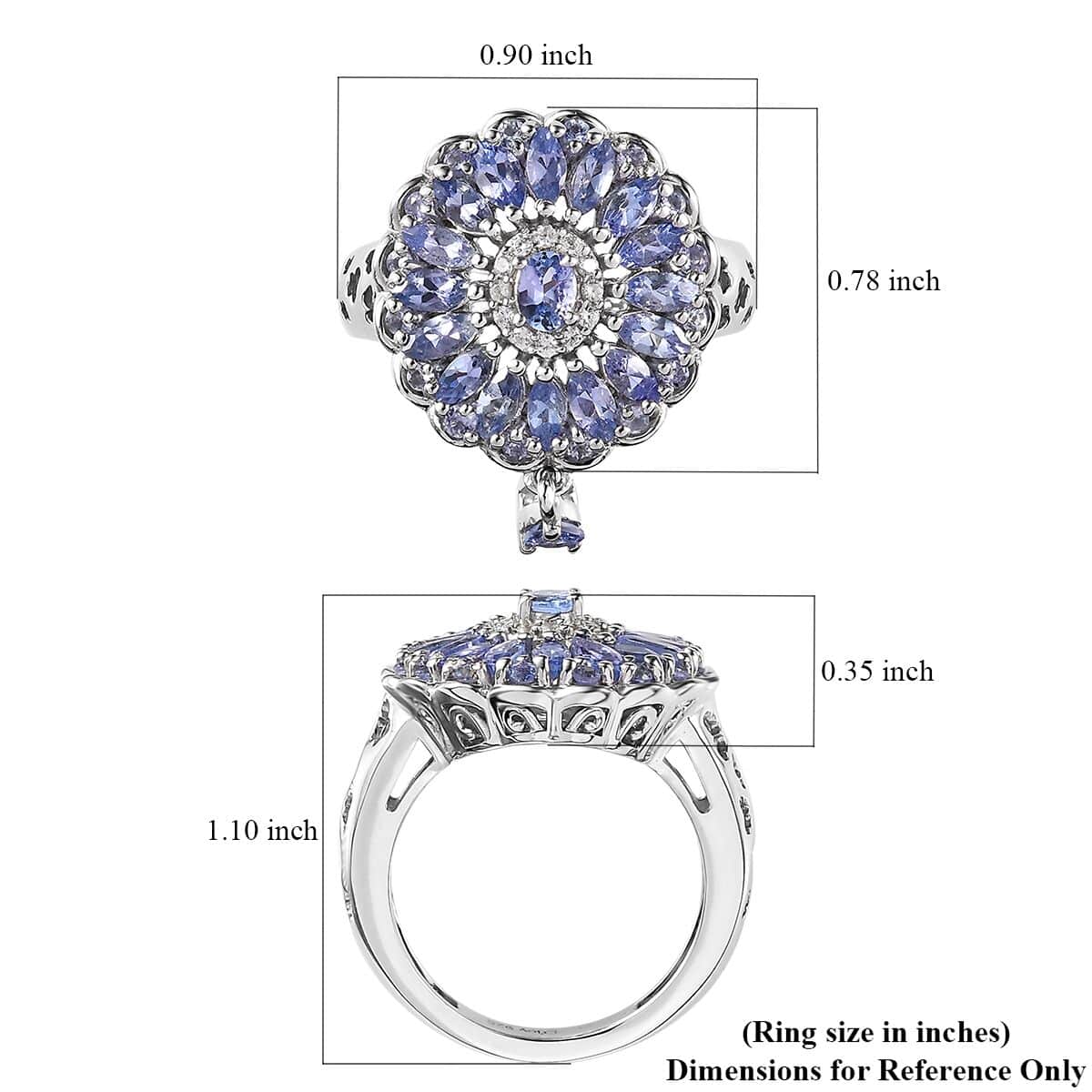 Tanzanite and White Zircon Floral Ring in Platinum Over Sterling Silver (Size 7.0) 2.10 ctw image number 5