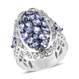 Tanzanite Cluster Ring in Platinum Over Sterling Silver (Size 5.0) 3.50 ctw