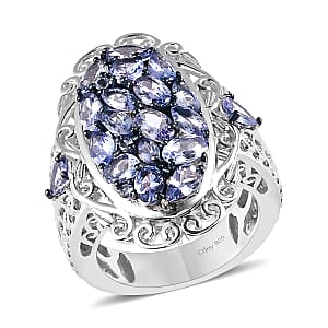 Tanzanite Cluster Ring in Platinum Over Sterling Silver (Size 6.0) 3.50 ctw