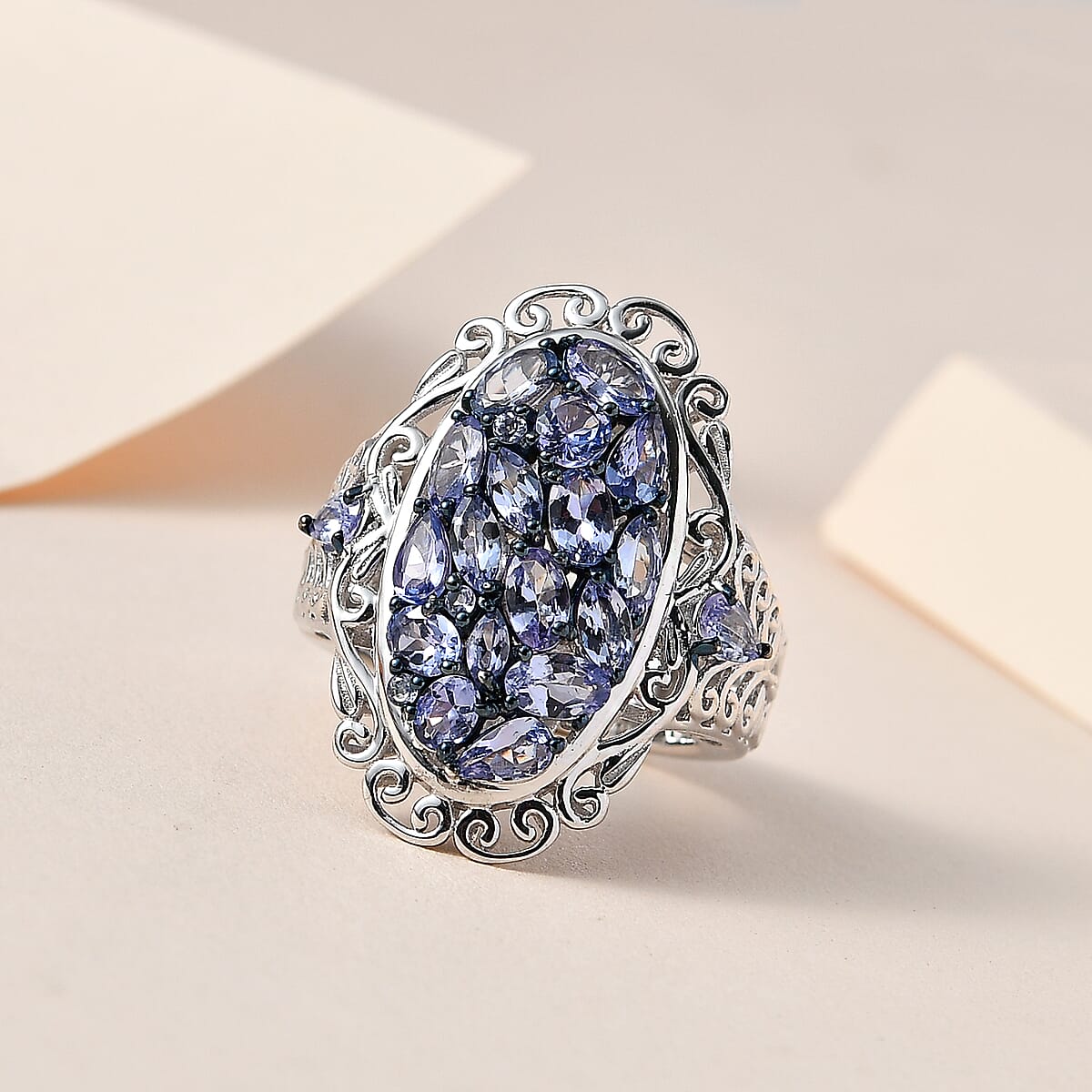Tanzanite Cluster Ring in Platinum Over Sterling Silver (Size 6.0) 3.50 ctw image number 1