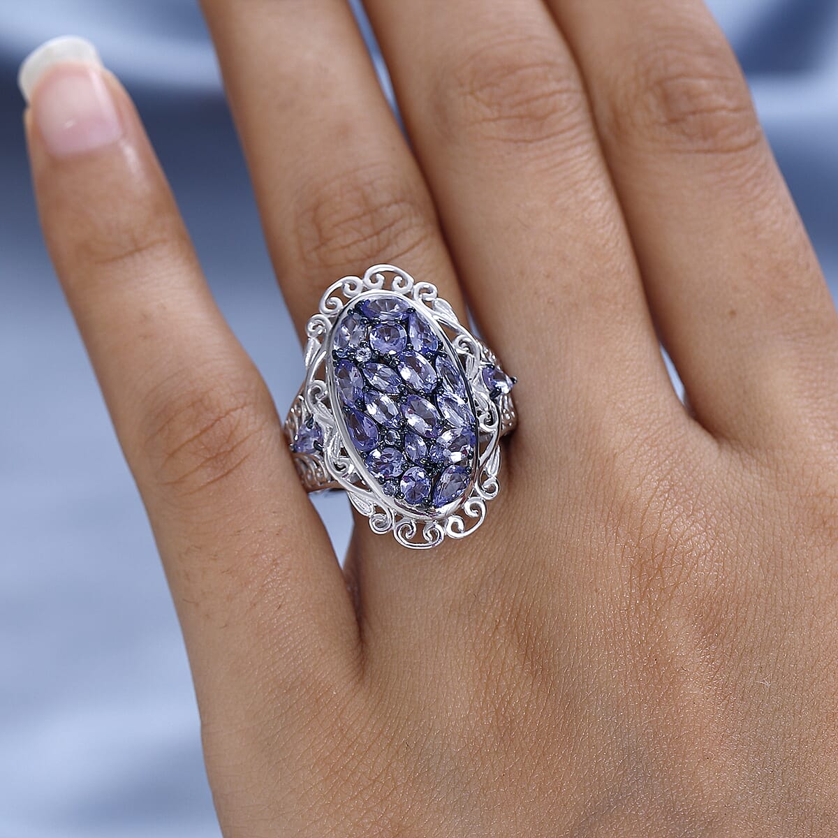 Tanzanite Cluster Ring in Platinum Over Sterling Silver (Size 6.0) 3.50 ctw image number 2