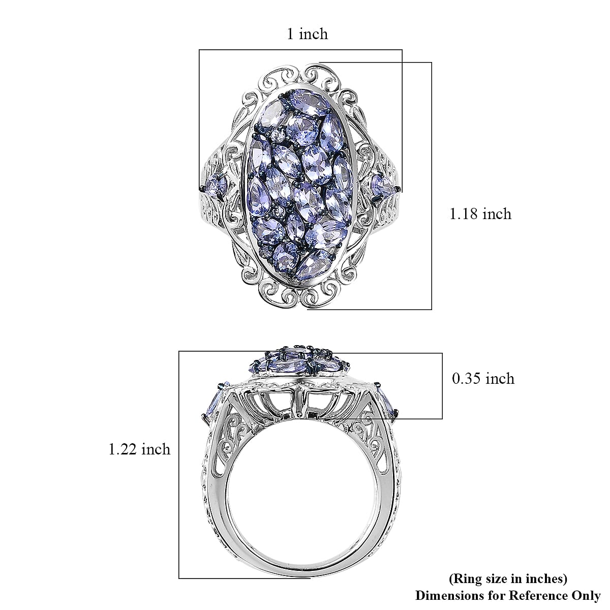 Tanzanite Cluster Ring in Platinum Over Sterling Silver (Size 6.0) 3.50 ctw image number 5