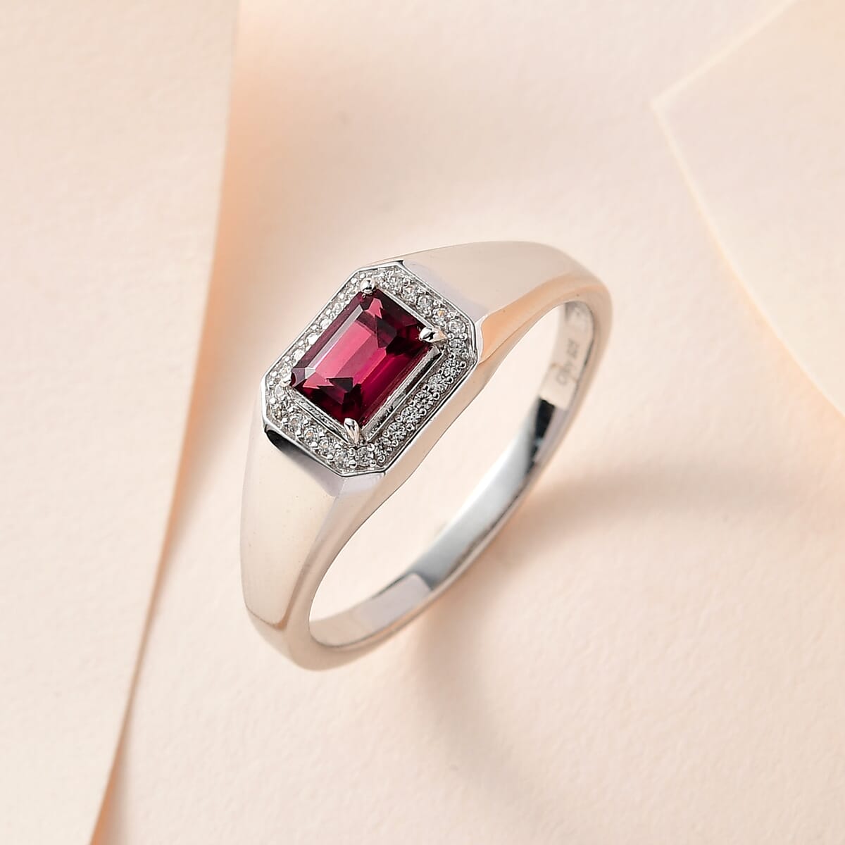 Tanzanian Rhodolite Garnet and White Zircon Men's Ring in Platinum Over Sterling Silver 1.40 ctw image number 1