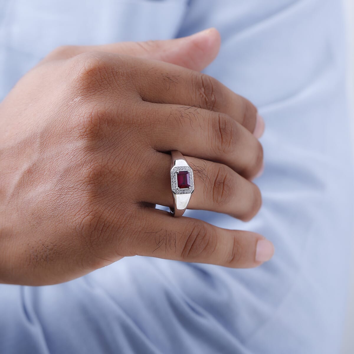 Tanzanian Rhodolite Garnet and White Zircon Men's Ring in Platinum Over Sterling Silver 1.40 ctw image number 2