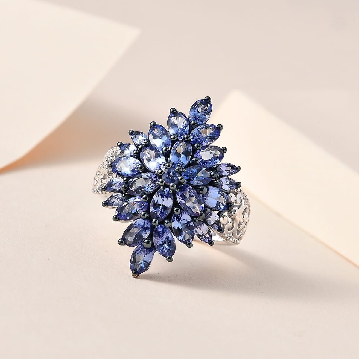 Tanzanite Floral Spray Ring in Platinum Over Sterling Silver (Size 5.0) 4.90 ctw image number 1