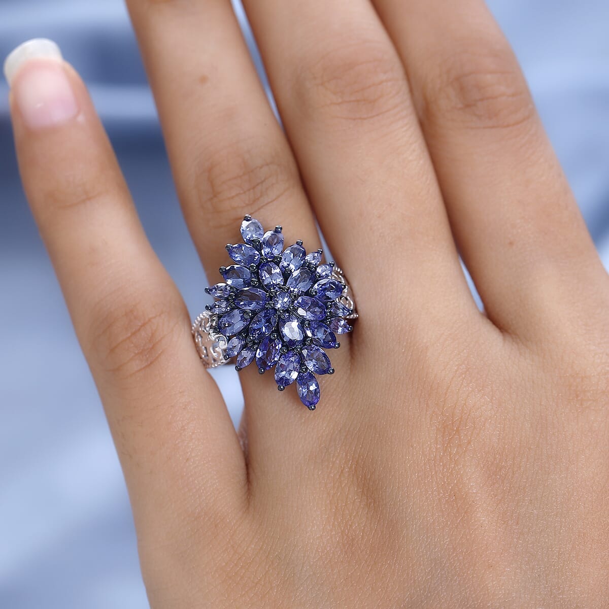 Tanzanite Floral Spray Ring in Platinum Over Sterling Silver (Size 5.0) 4.90 ctw image number 2
