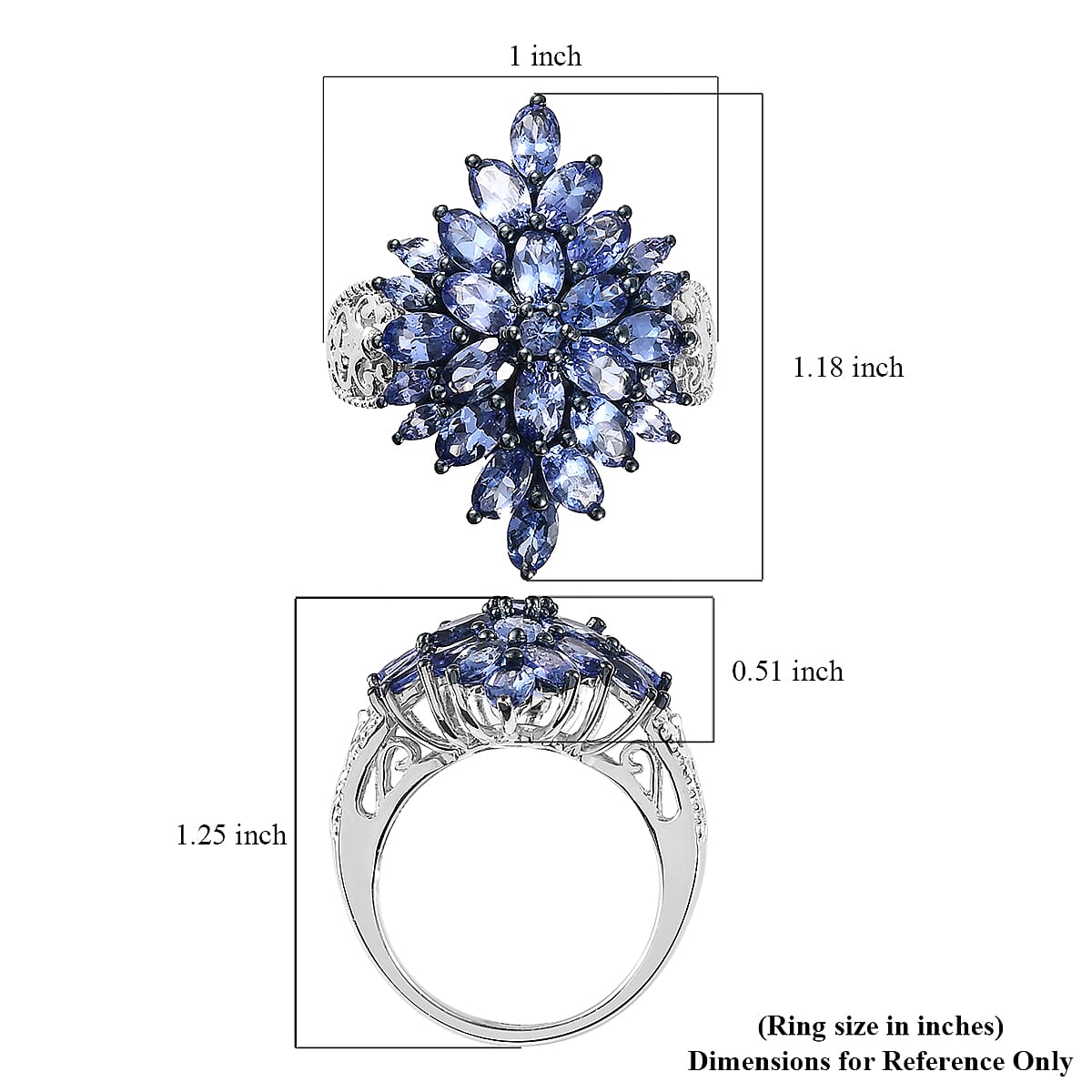 Tanzanite Floral Spray Ring in Platinum Over Sterling Silver (Size 5.0) 4.90 ctw