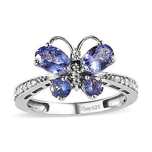 Tanzanite and White Zircon Butterfly Ring in Platinum Over Sterling Silver (Size 8.0) 1.35 ctw