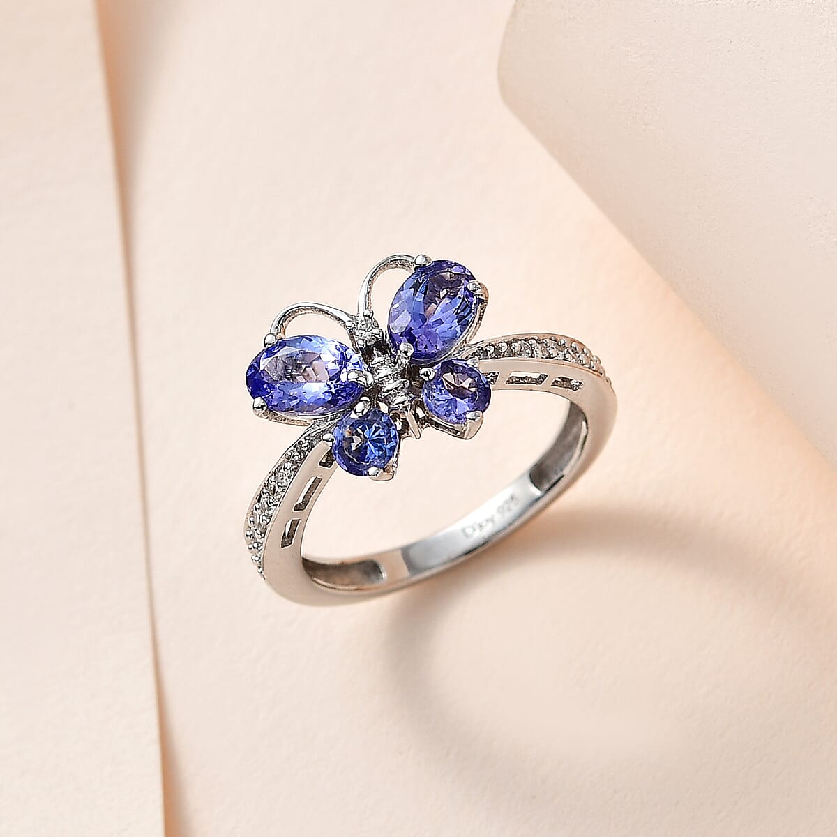 Tanzanite and White Zircon Butterfly Ring in Platinum Over Sterling Silver (Size 8.0) 1.35 ctw image number 1