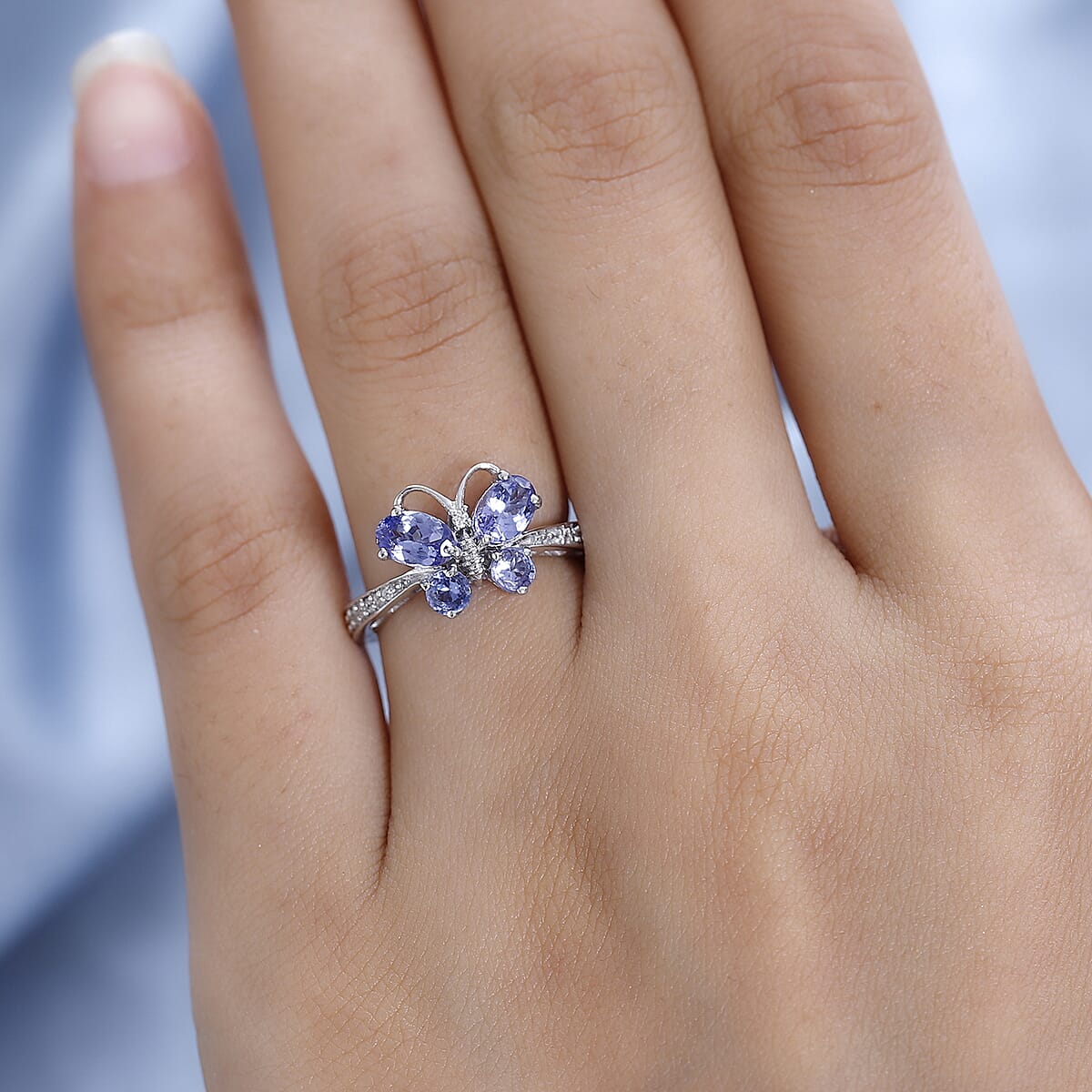 Tanzanite and White Zircon Butterfly Ring in Platinum Over Sterling Silver (Size 8.0) 1.35 ctw image number 2