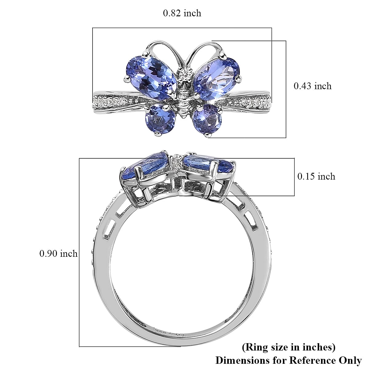 Tanzanite and White Zircon Butterfly Ring in Platinum Over Sterling Silver (Size 8.0) 1.35 ctw image number 5