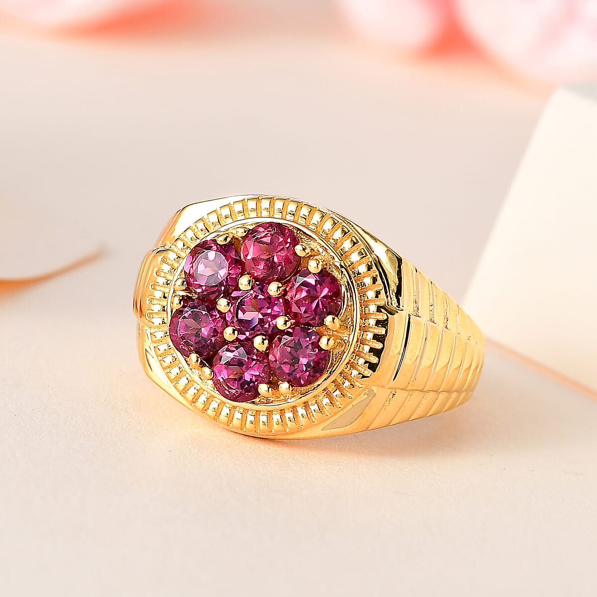 Tanzanian Rhodolite Garnet Men's Ring in Vermeil Yellow Gold Over Sterling Silver 2.30 ctw image number 1