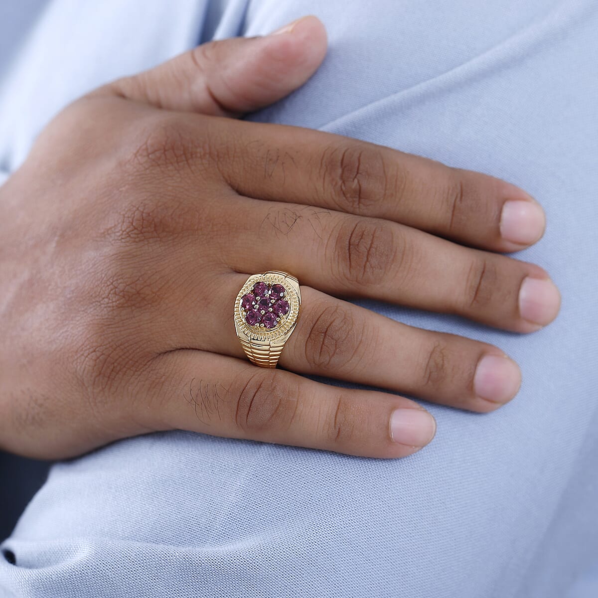 Tanzanian Rhodolite Garnet Men's Ring in Vermeil Yellow Gold Over Sterling Silver 2.30 ctw image number 2