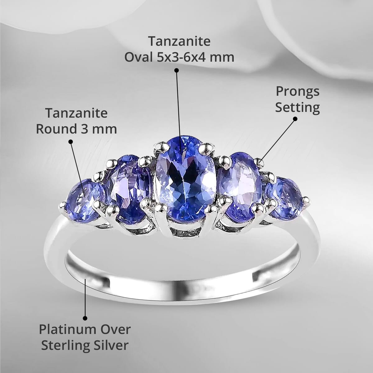 Tanzanite 5 Stone Ring in Platinum Over Sterling Silver (Size 10.0) 1.10 ctw image number 4