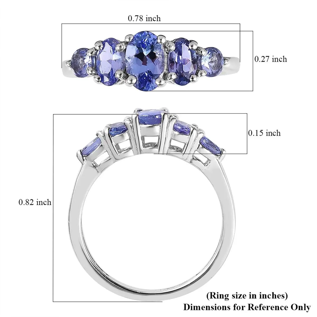 Tanzanite 5 Stone Ring in Platinum Over Sterling Silver (Size 10.0) 1.10 ctw image number 6