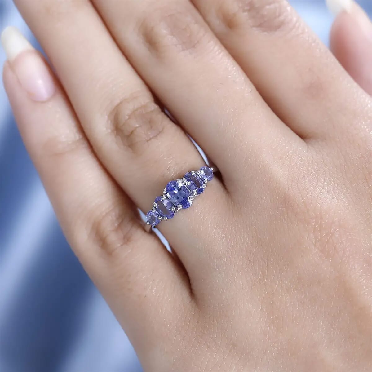 Tanzanite 5 Stone Ring in Platinum Over Sterling Silver (Size 10.0) 1.10 ctw image number 7