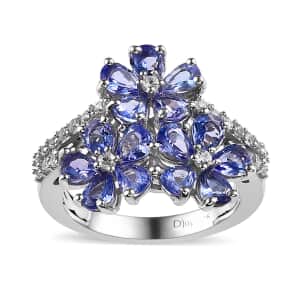 Tanzanite and White Zircon Floral Ring in Platinum Over Sterling Silver (Size 9.0) 2.35 ctw