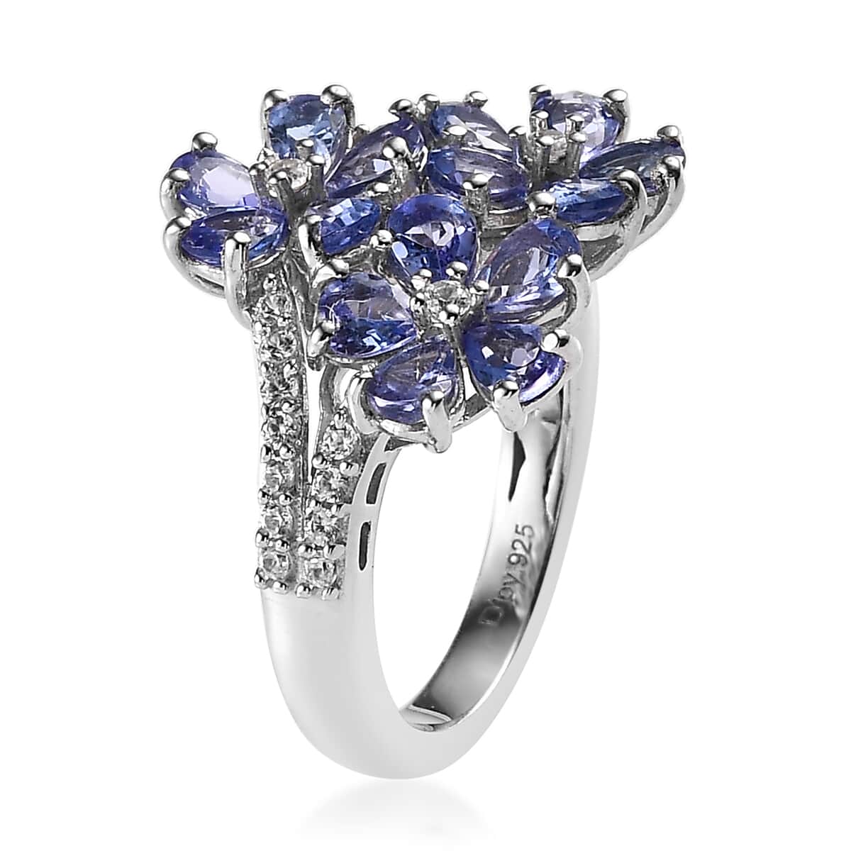 Tanzanite and White Zircon Floral Ring in Platinum Over Sterling Silver (Size 9.0) 2.35 ctw image number 3