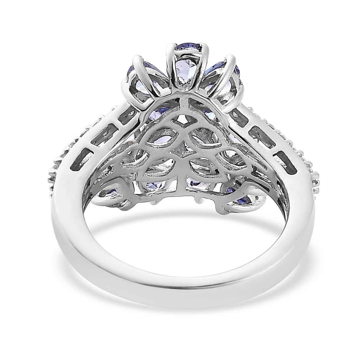 Tanzanite and White Zircon Floral Ring in Platinum Over Sterling Silver (Size 9.0) 2.35 ctw image number 4