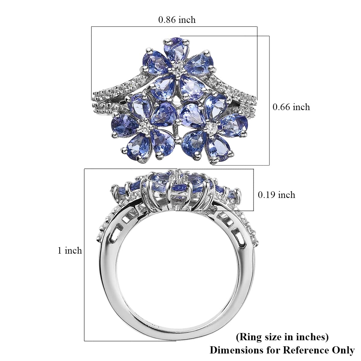 Tanzanite and White Zircon Floral Ring in Platinum Over Sterling Silver (Size 9.0) 2.35 ctw image number 5