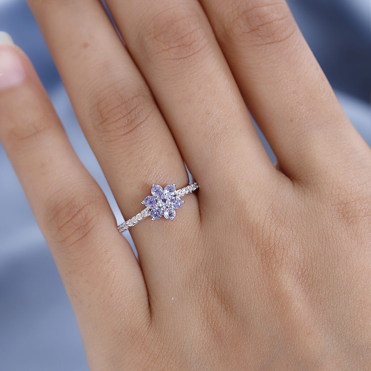 Tanzanite and White Zircon Floral Ring in Platinum Over Sterling Silver (Size 7.0) 0.70 ctw image number 2