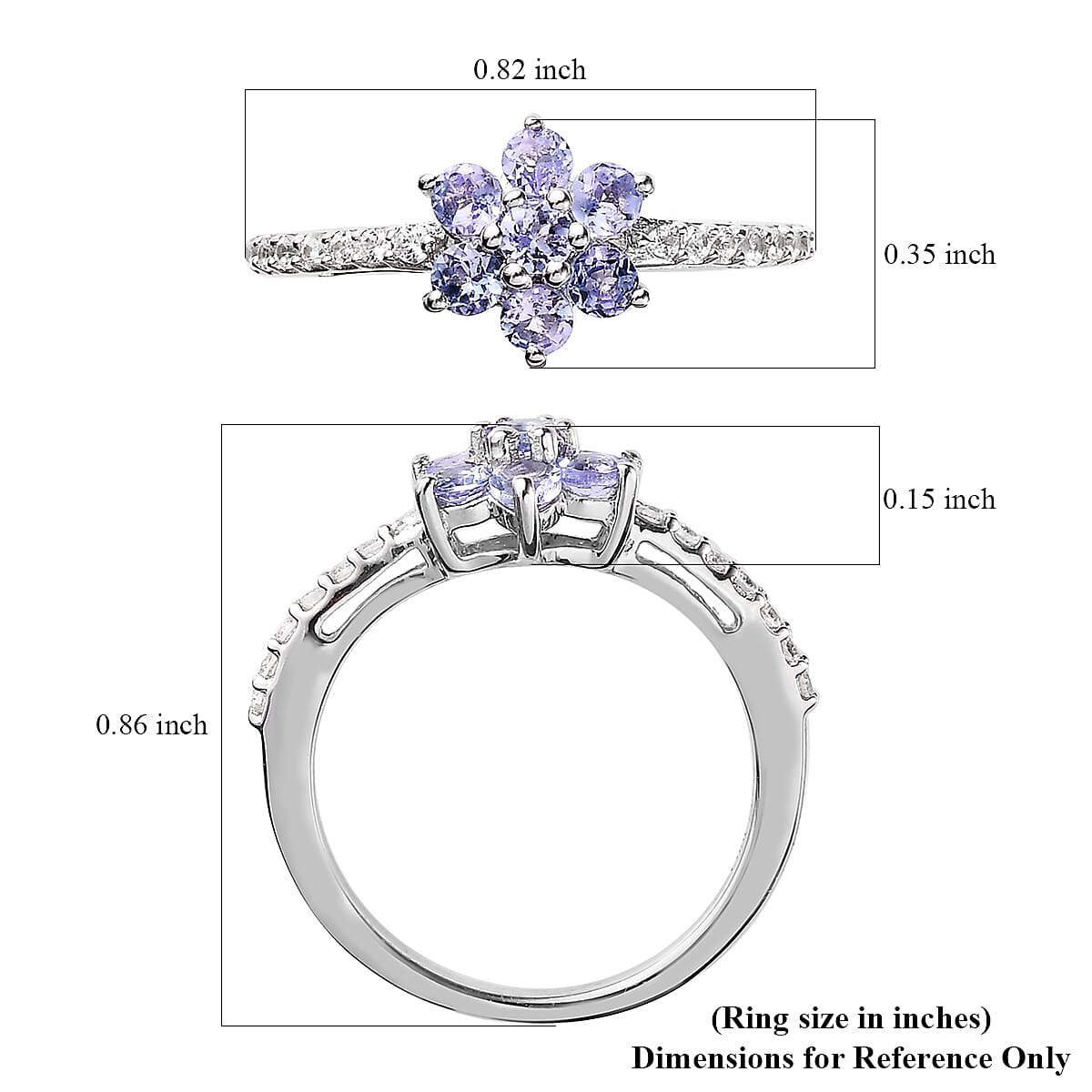 Tanzanite and White Zircon Floral Ring in Platinum Over Sterling Silver (Size 7.0) 0.70 ctw image number 5
