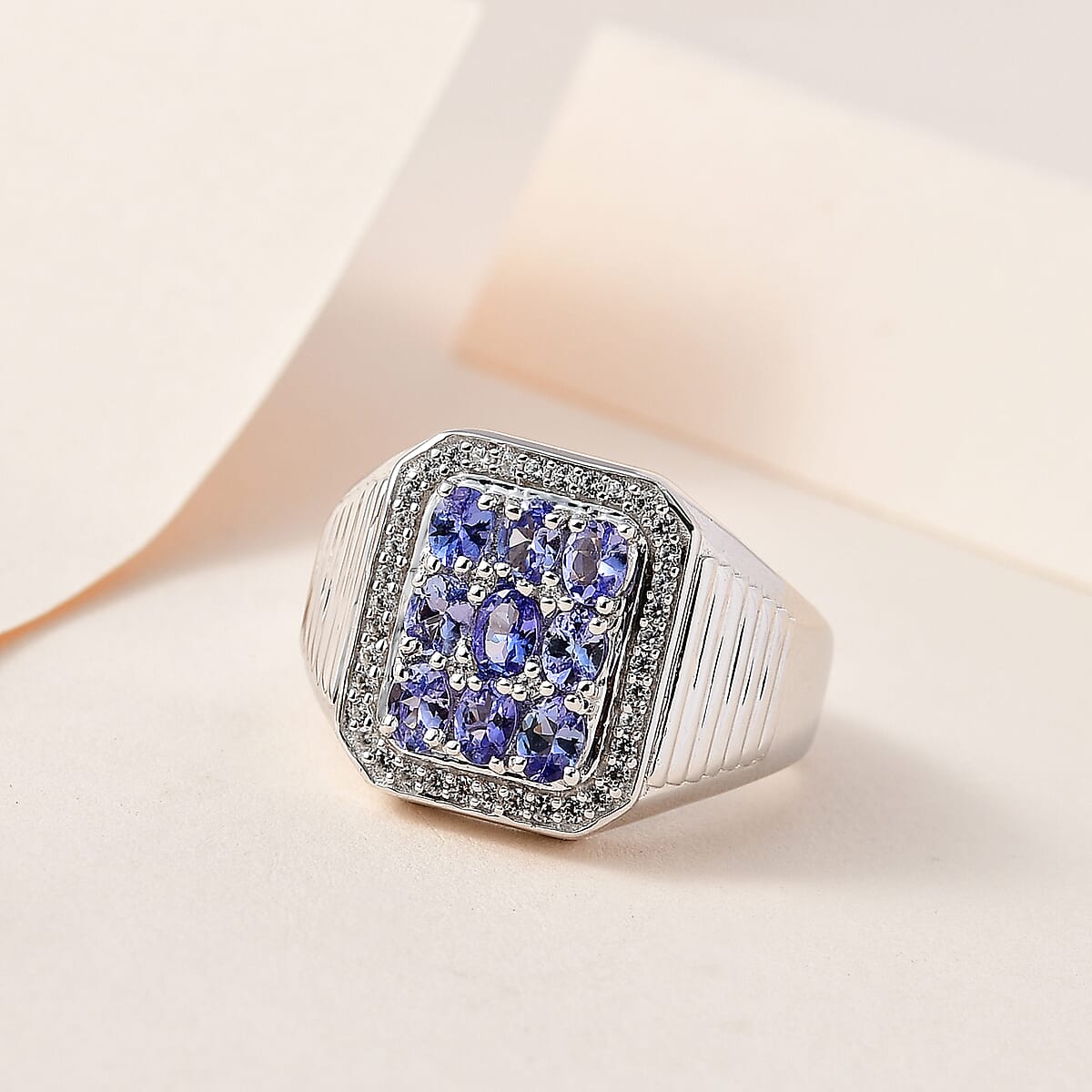 Tanzanite and White Zircon Men's Ring in Platinum Over Sterling Silver 2.00 ctw image number 1