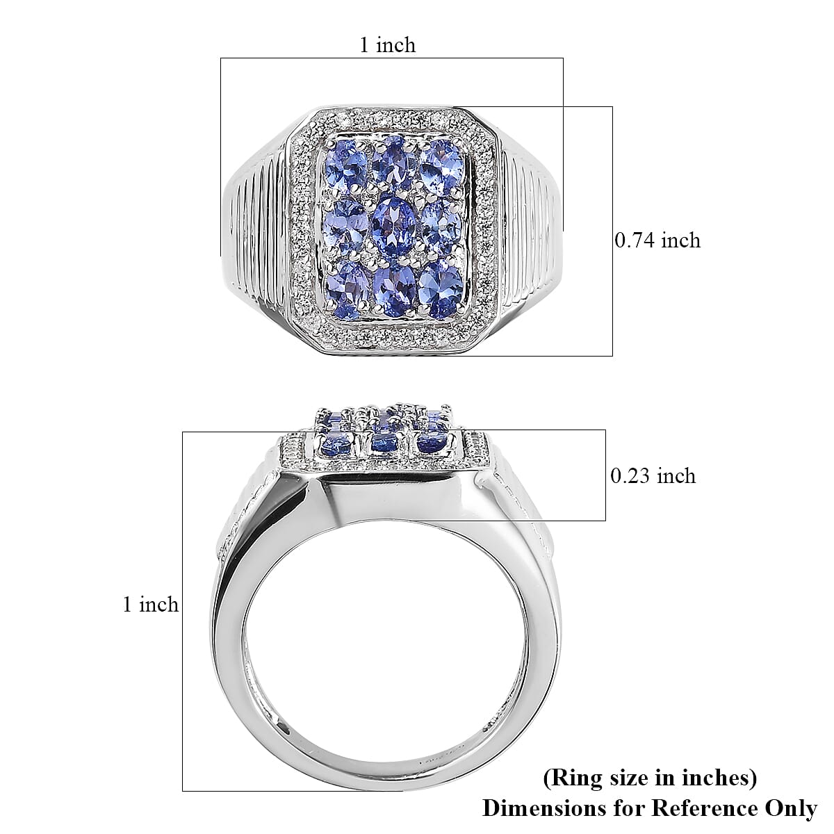 Tanzanite and White Zircon Men's Ring in Platinum Over Sterling Silver (Size 10.0) 2.00 ctw