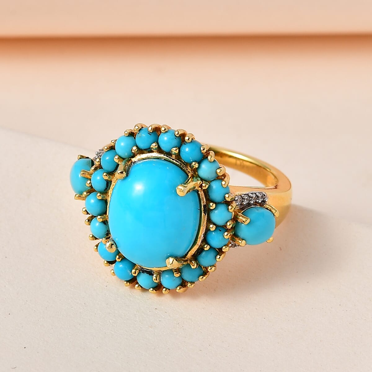 Premium Sleeping Beauty Turquoise and White Zircon Ring in Vermeil Yellow Gold Over Sterling Silver 6.15 ctw image number 1
