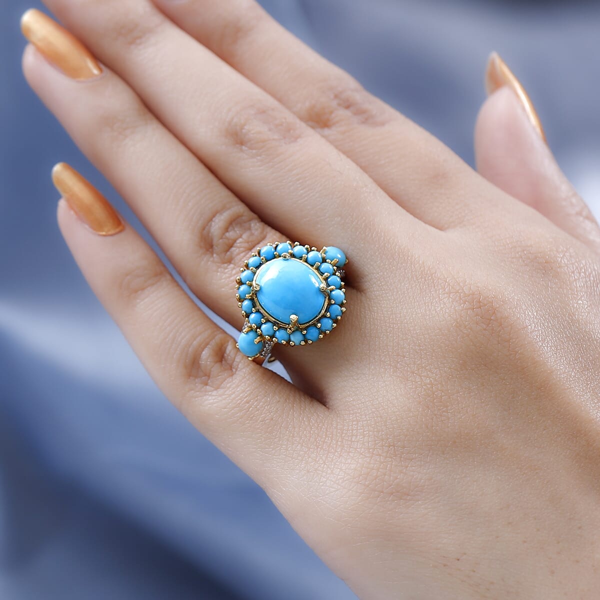Premium Sleeping Beauty Turquoise and White Zircon Ring in Vermeil Yellow Gold Over Sterling Silver 6.15 ctw image number 2
