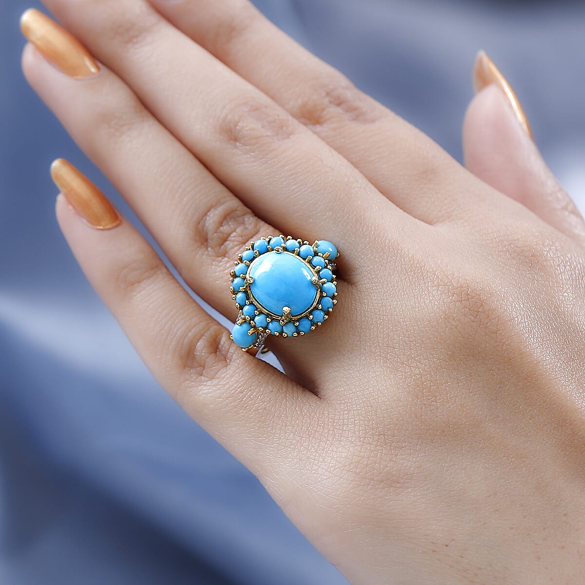 Premium Sleeping Beauty Turquoise and White Zircon Ring in Vermeil Yellow Gold Over Sterling Silver (Size 7.0) 6.15 ctw image number 2