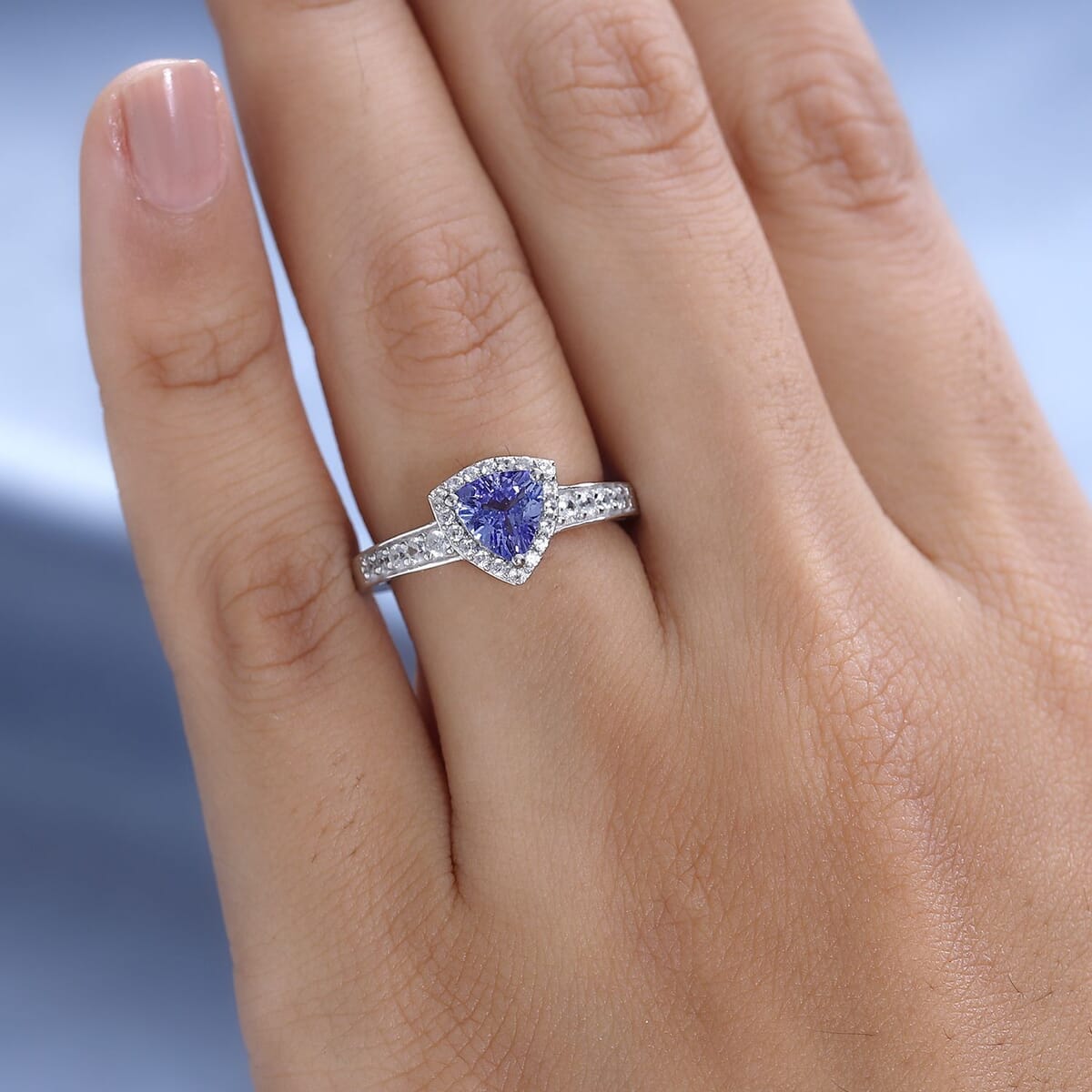Tanzanite and White Zircon Halo Ring in Platinum Over Sterling Silver 1.00 ctw image number 2
