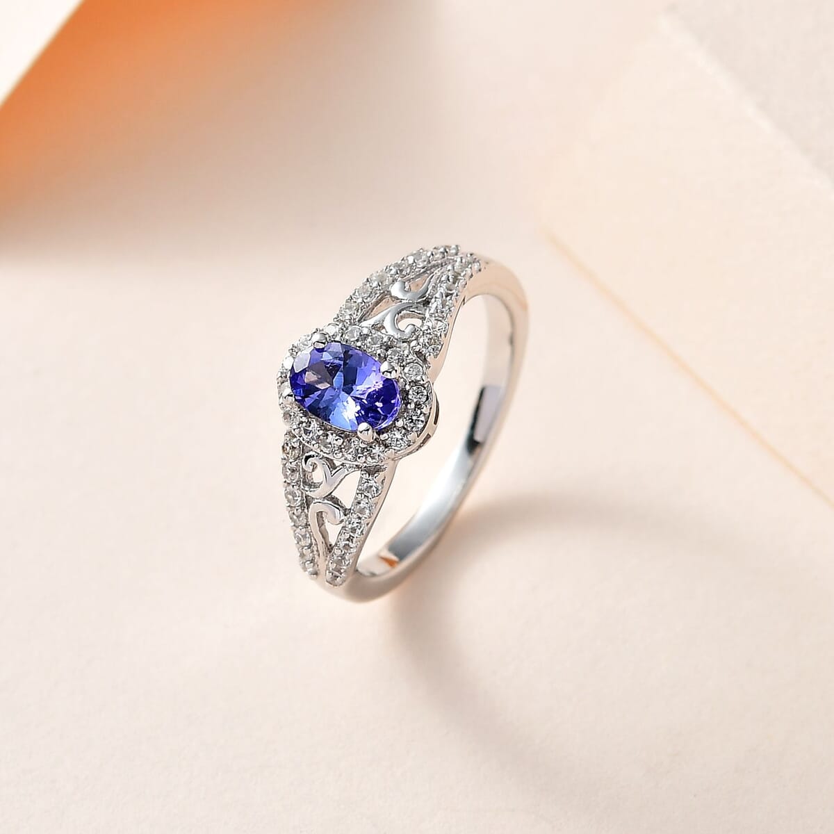Tanzanite and White Zircon Ring in Platinum Over Sterling Silver 0.85 ctw image number 1