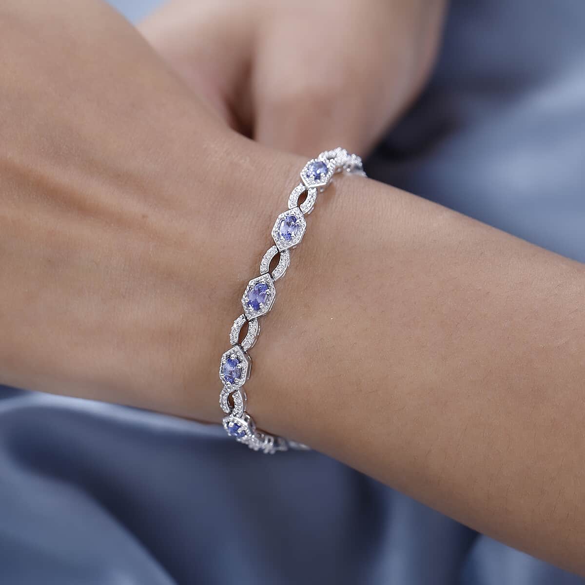 Tanzanite and White Zircon Bracelet in Platinum Over Sterling Silver (6.50 In) 2.50 ctw image number 2