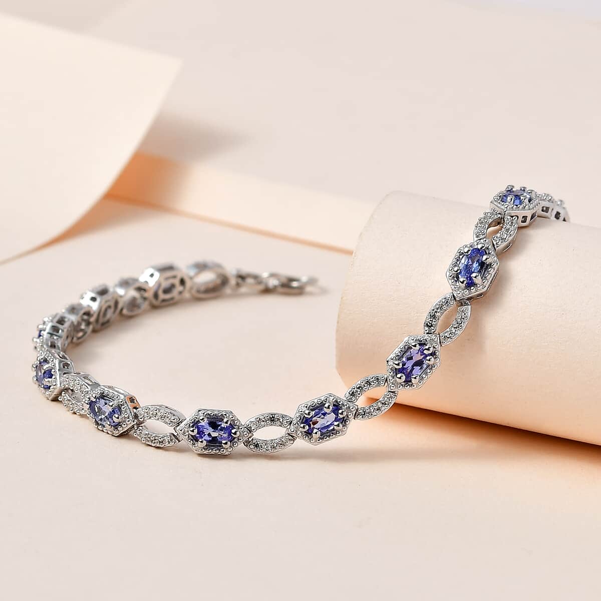 Tanzanite and White Zircon Link Bracelet in Platinum Over Sterling Silver (7.25 In) 3.20 ctw image number 1