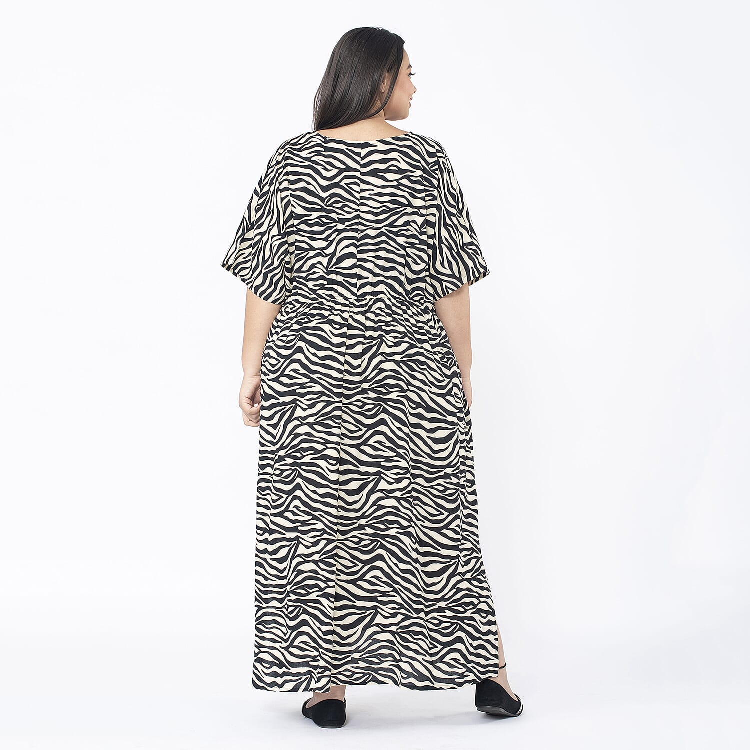 Tamsy Beige and Black Zebra Elastic Waist Dress with V-Neck - One Size Missy