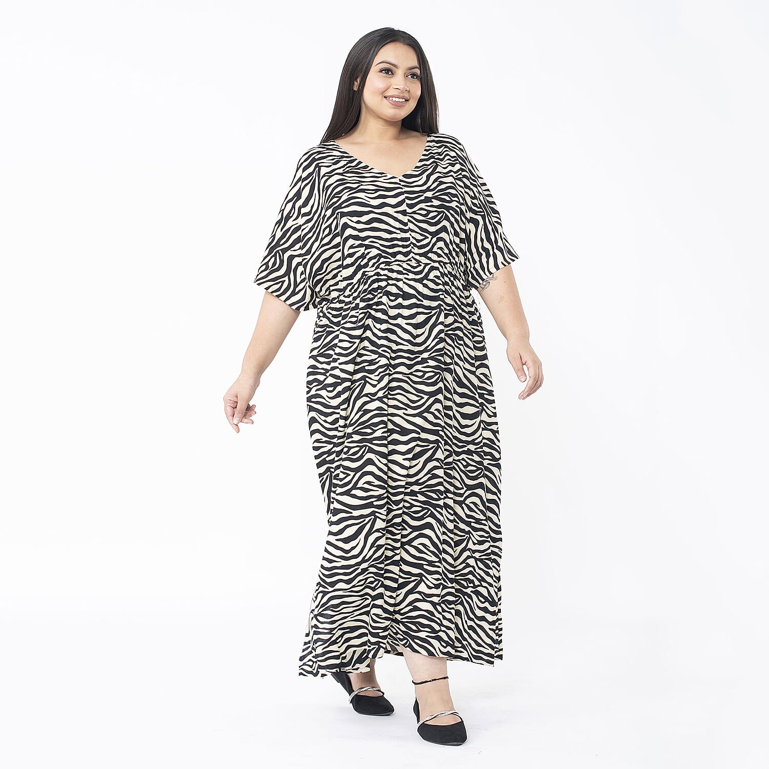 Tamsy Beige and Black Zebra Elastic Waist Dress with V-Neck - One Size Missy