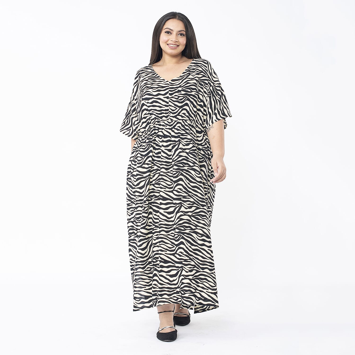 Tamsy Beige and Black Zebra Elastic Waist Dress with V-Neck - One Size Missy