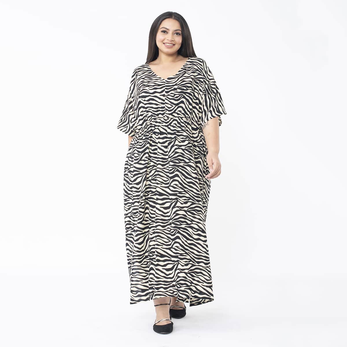 Tamsy Beige and Black Zebra Elastic Waist Dress with V-Neck - One Size Missy image number 3