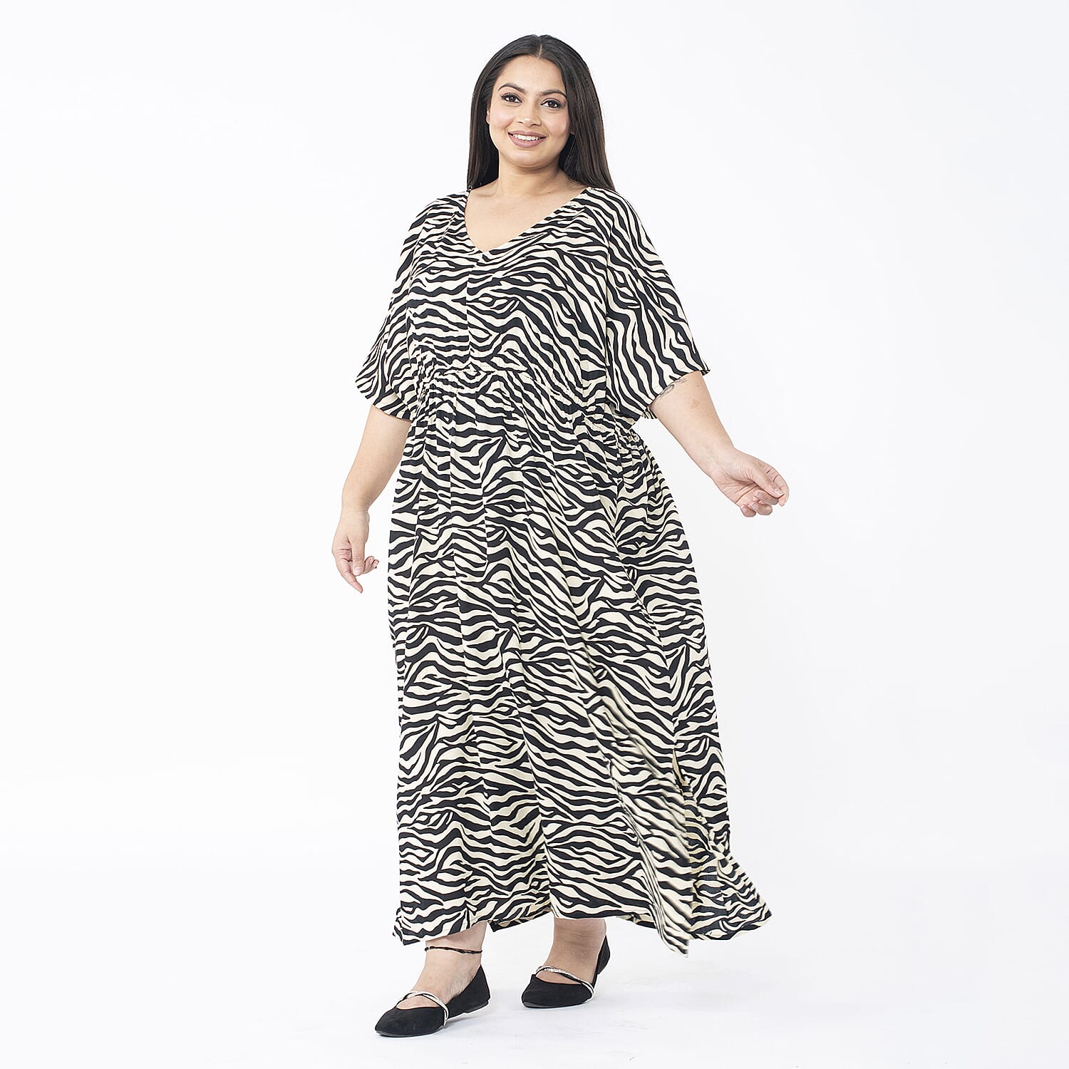 Tamsy Beige and Black Zebra Elastic Waist Dress with V-Neck - One Size Missy