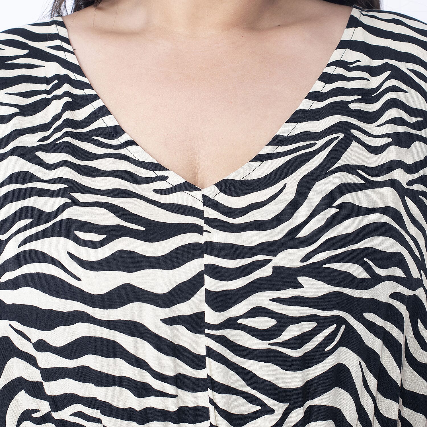 Tamsy Beige and Black Zebra Elastic Waist Dress with V-Neck - One Size Missy