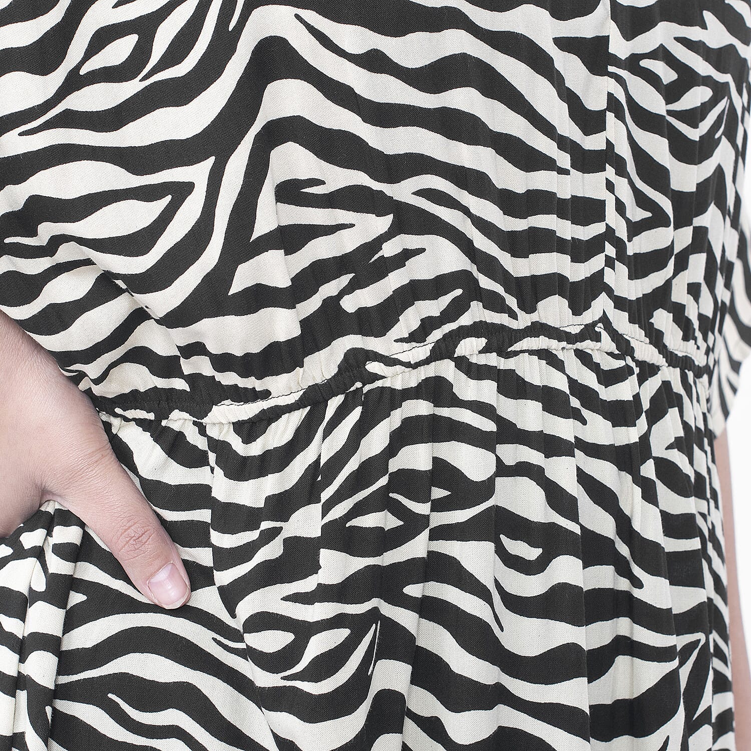 Tamsy Beige and Black Zebra Elastic Waist Dress with V-Neck - One Size Missy