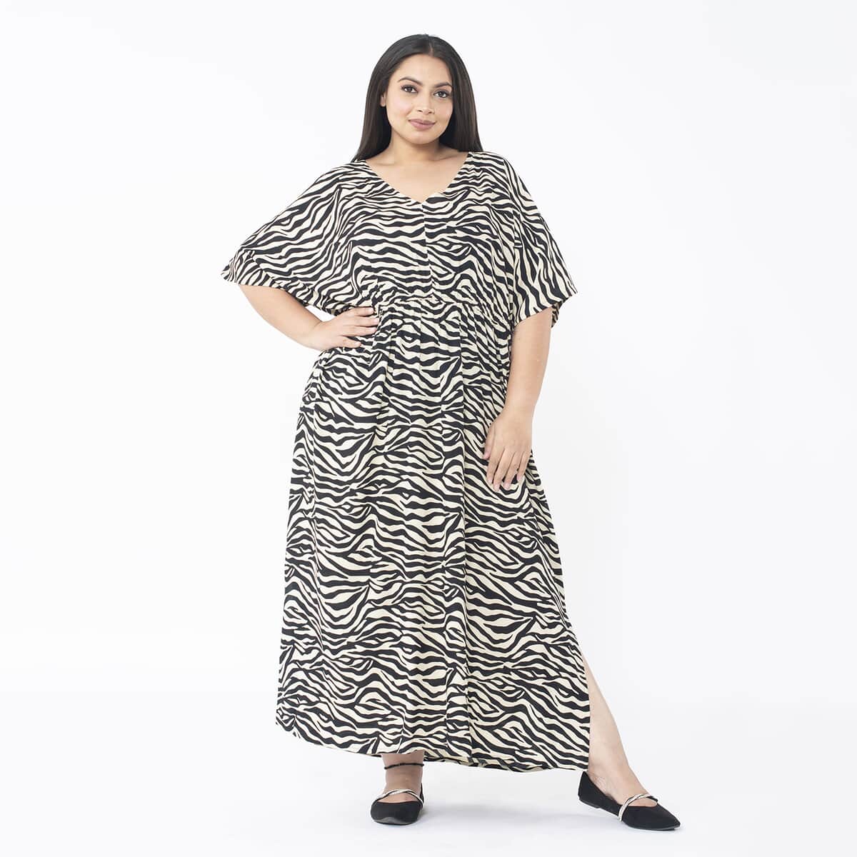 Tamsy Beige and Black Zebra Elastic Waist Dress with V-Neck - One Size Plus image number 0