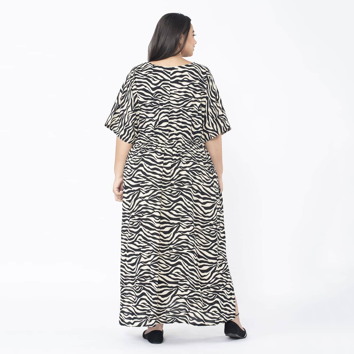 Tamsy Beige and Black Zebra Elastic Waist Dress with V-Neck - One Size Plus image number 1