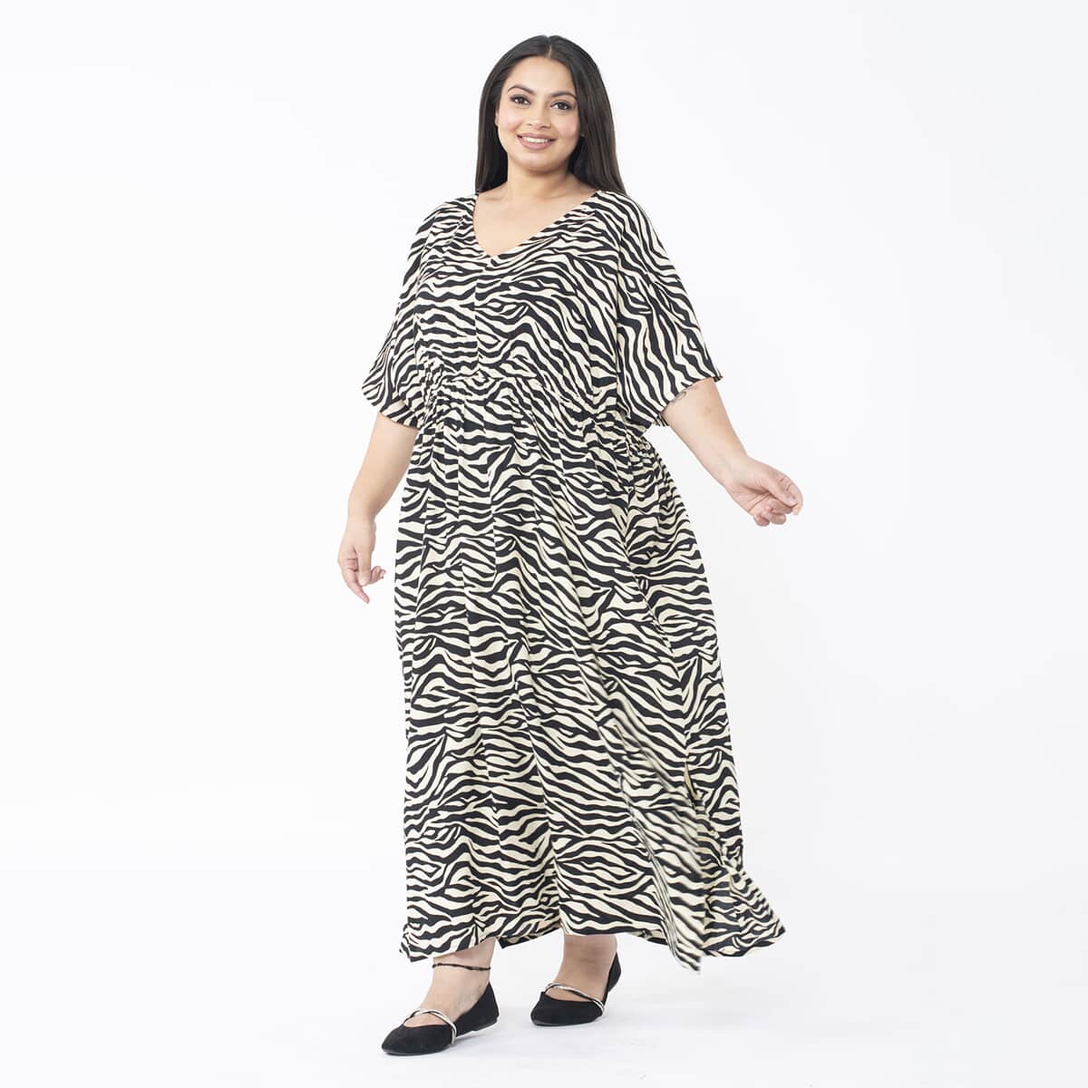 Tamsy Beige and Black Zebra Elastic Waist Dress with V-Neck - One Size Plus image number 4