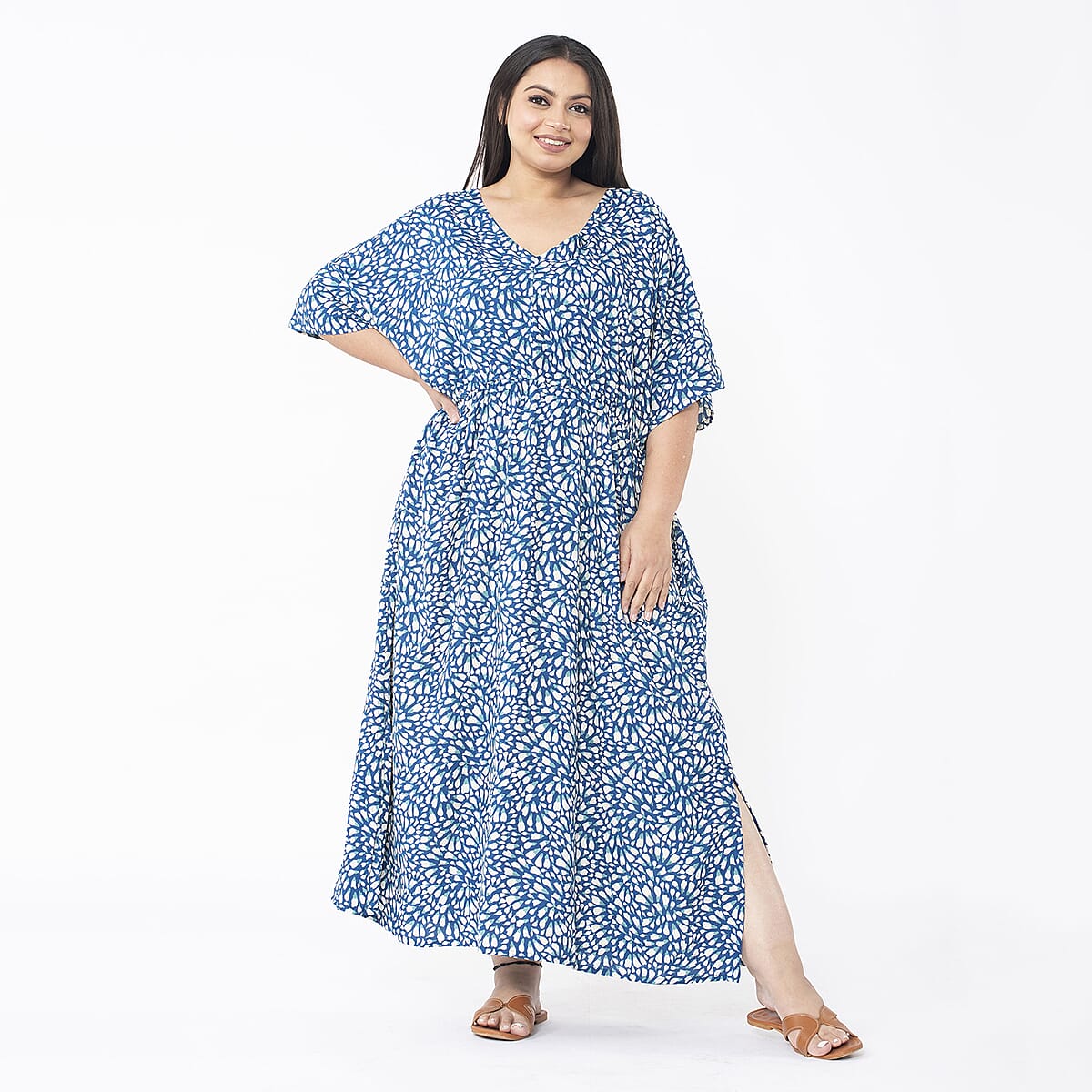 Tamsy Blue Burst Elastic Waist Dress with V-Neck - One Size Missy image number 0