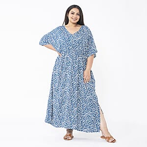 Tamsy Blue Burst Elastic Waist Dress with V-Neck - One Size Missy